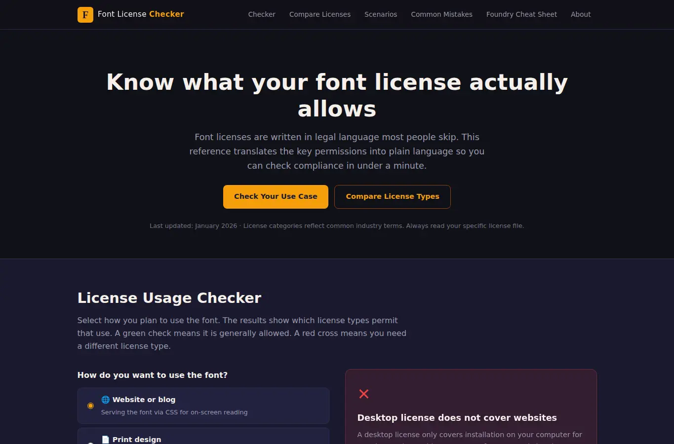 Screenshot of Font License Usage Checker interface showing the project page in use